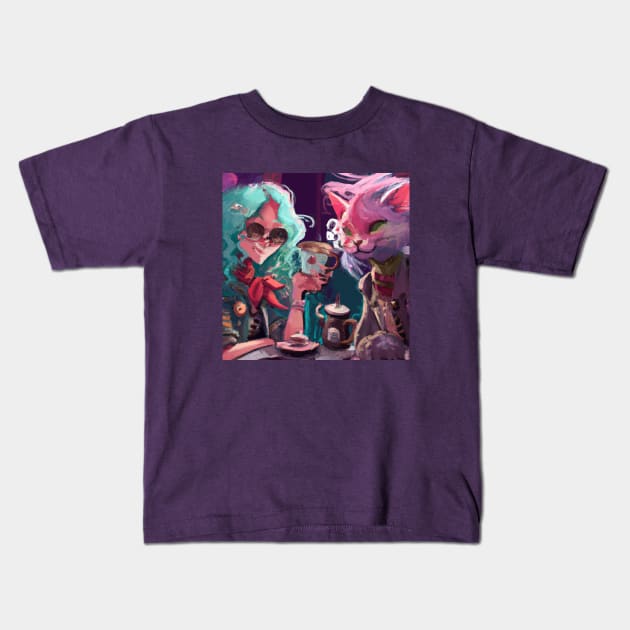 Blue Haired Girl and Fancy Cat Share Tea at a Cafe Kids T-Shirt by Star Scrunch